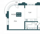 2-комн, 63 кв м, этаж 13/18 ул Овражная, 11б
