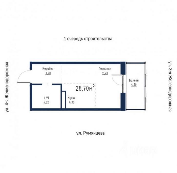 1-комн квартира в новом доме 4-я Железнодорожная, 27