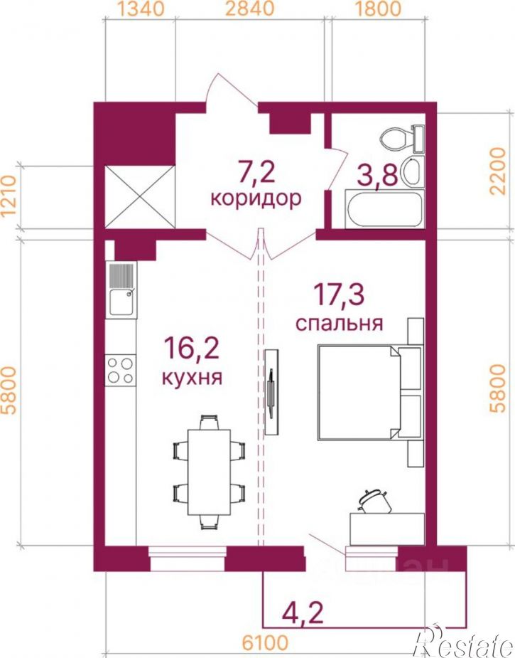 1-комн квартира в новом доме микрорайон Топкинский, 70