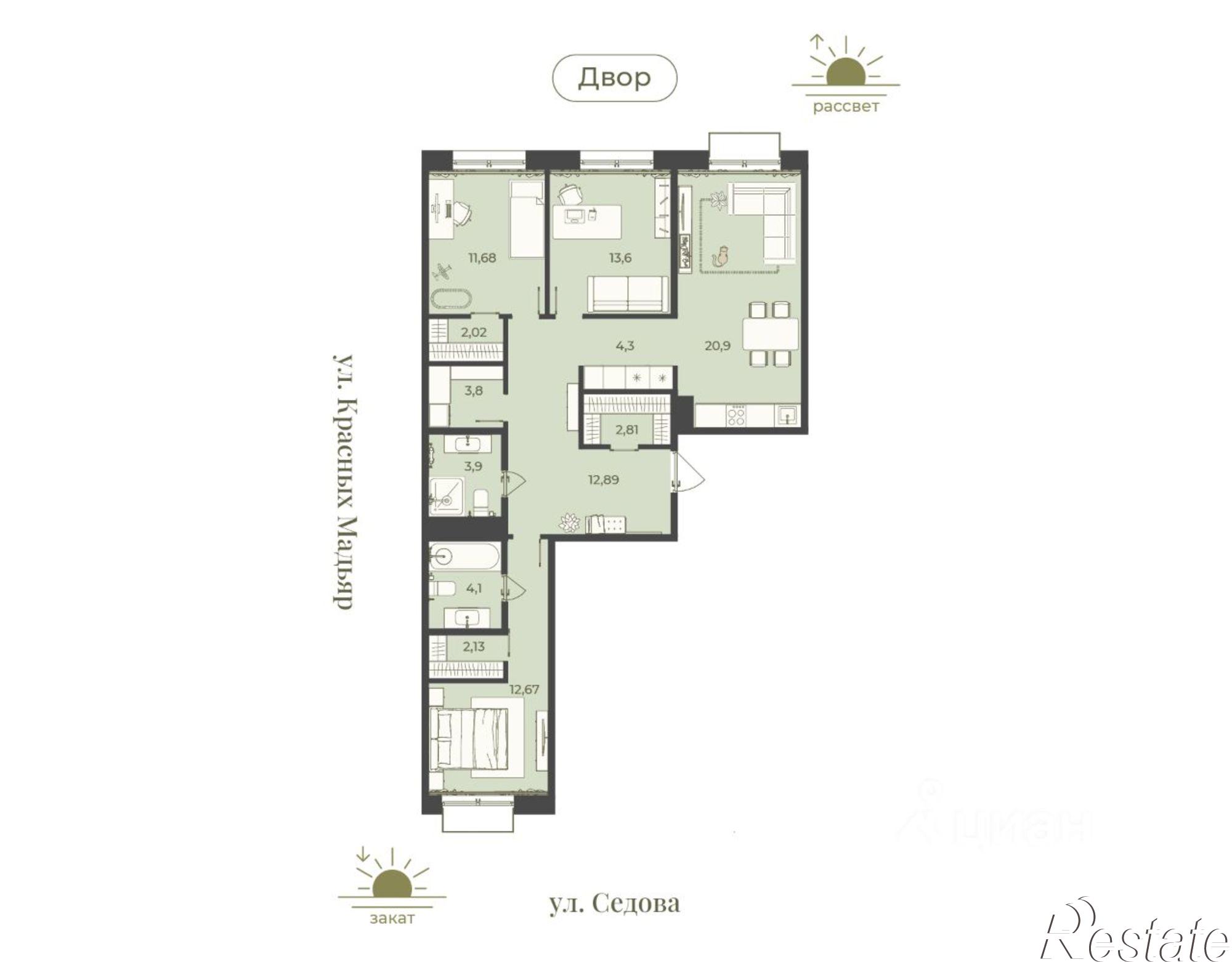 Купить квартиру за 21 168 800 рублей на ул Седова, 55