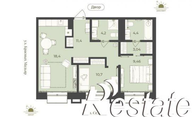 2-комн квартира в новом доме улица Седова, 57,  д. 57